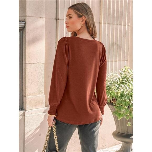 Long Sleeve Shirts Womens Pleated Business Casual Blouses with Smocked - Picture 4 of 6